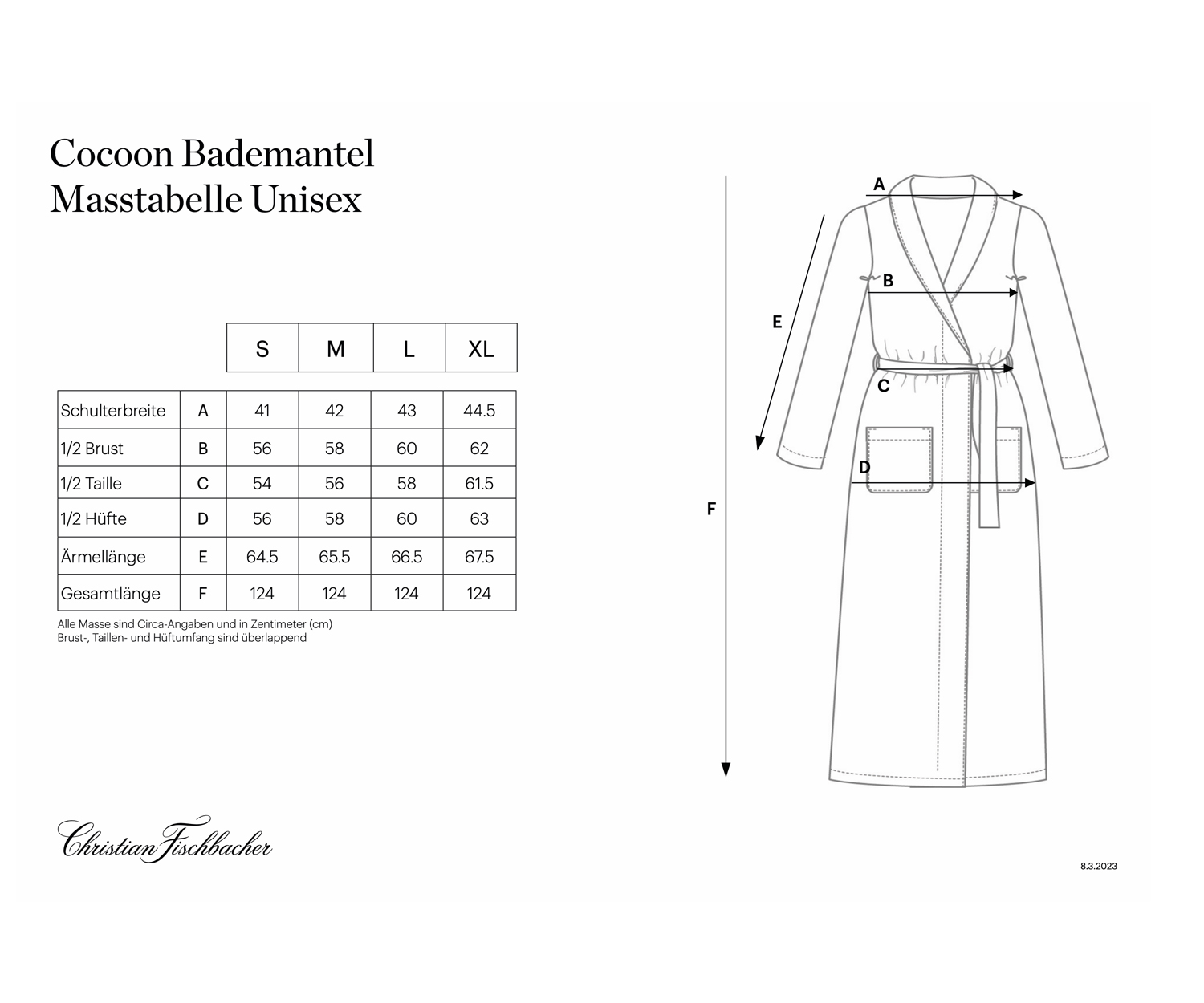 Masstabelle-Cocoon-Bademantel Fischbacher Size Chart COCOON