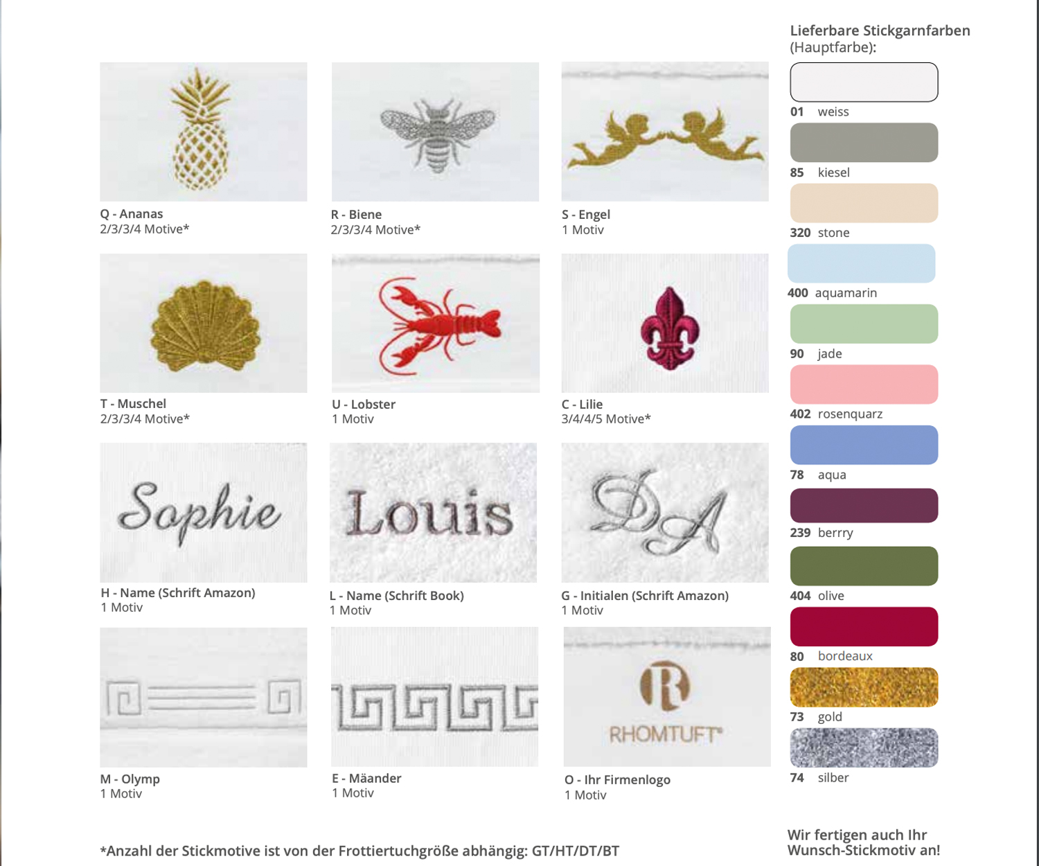 Rhomtuft Stickmotive und Farben